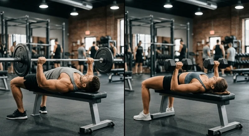 Side-by-side comparison: a man performing a barbell bench press on the left; a woman performing a dumbbell bench press on the right, both in a modern gym.