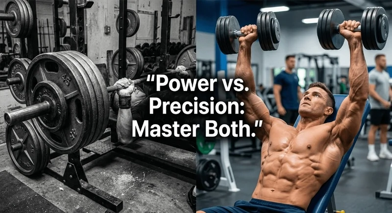 Split-screen image: left side shows a loaded barbell in black and white with the text 'Power vs. Precision: Master Both.'; right side shows a muscular athlete performing dumbbell presses in full color.