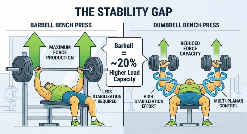 Infographic comparing the Barbell Bench Press (maximum force production, less stabilization) vs the Dumbbell Bench Press (reduced force capacity, high stabilization effort and multi-planar control). Centre callout: Barbell = ~20% Higher Load Capacity.